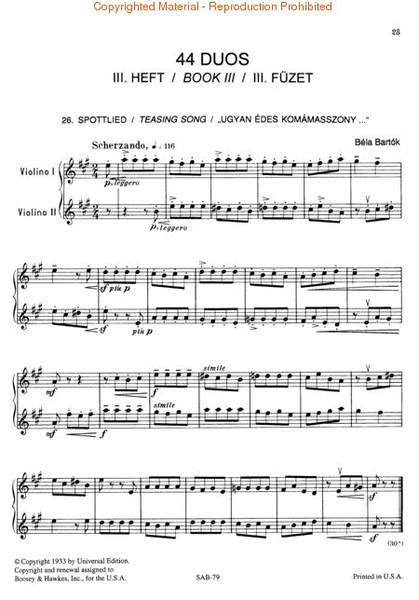 44 Duets - Volume II (No. 26-44) by Bela Bartok Violin - Sheet Music