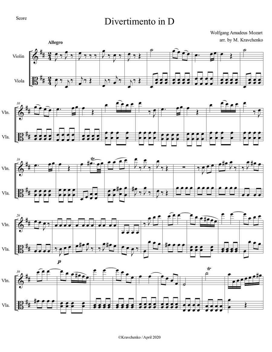 Wolfgang Amadeus Mozart - Divertimento in D major, K. 136 (3rd mvt) for string duo String Duet scores gallery preview page 1