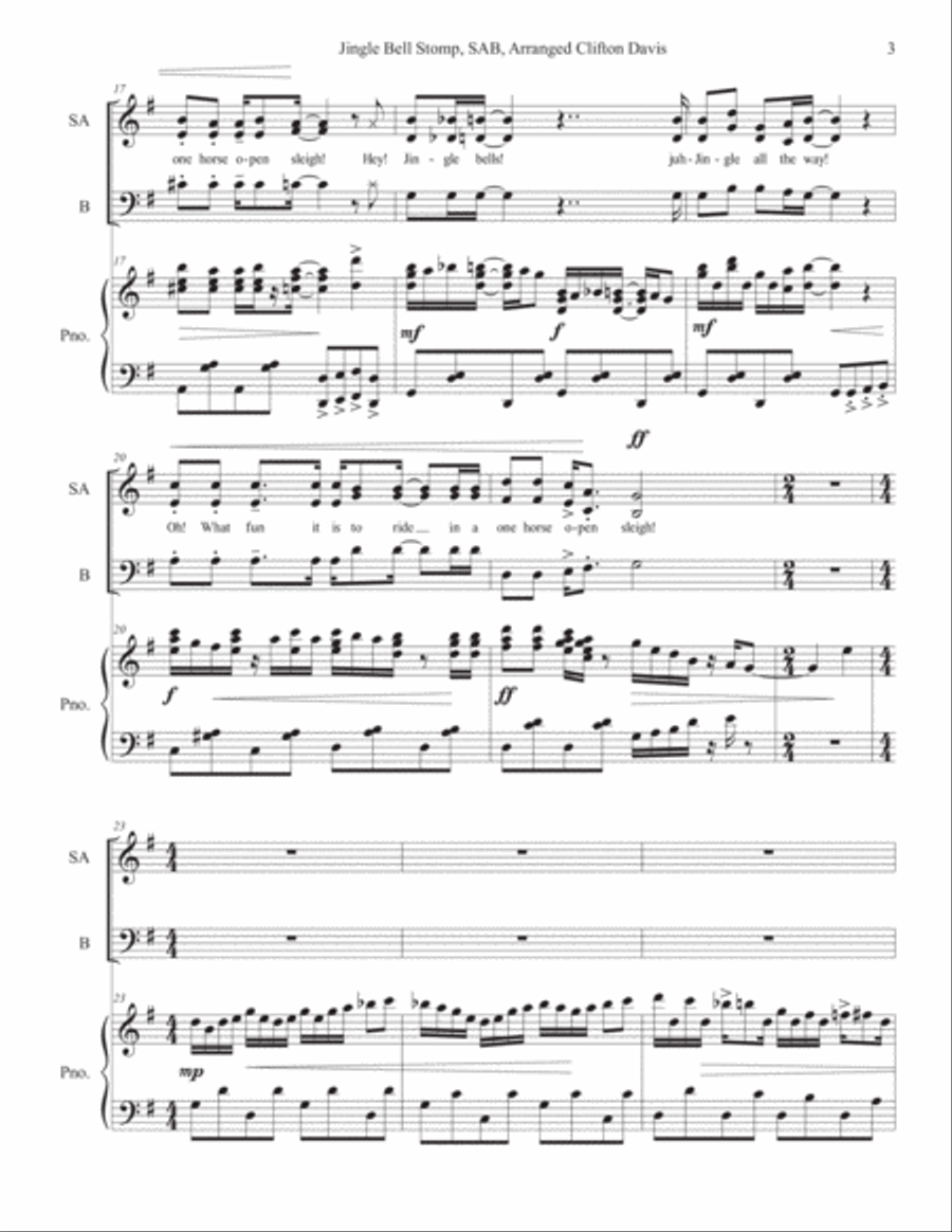 Jingle Bell Stomp for SAB choir and piano, arr. by Clifton Davis 3-Part scores gallery preview page 4