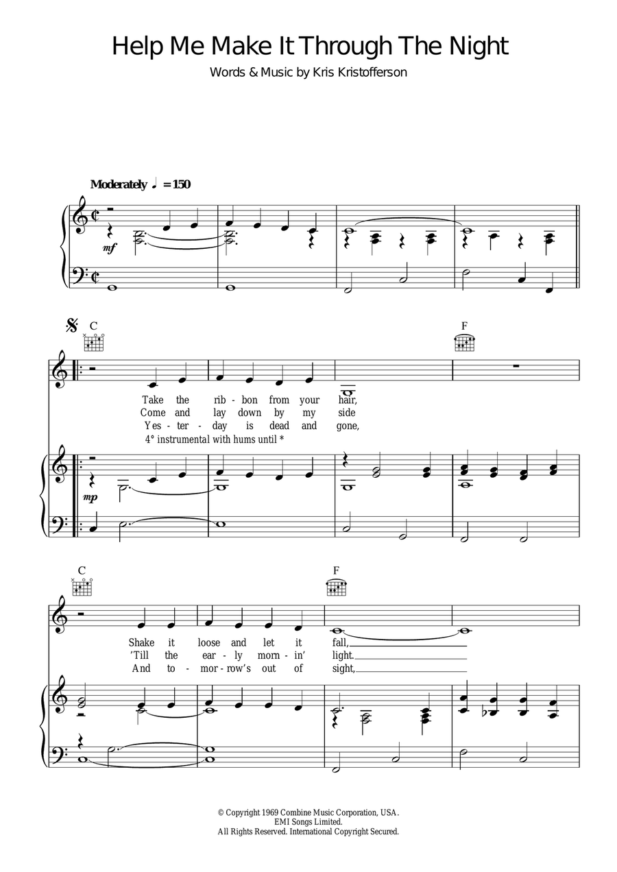 Help Me Make It Through The Night Piano, Vocal scores gallery preview page 1