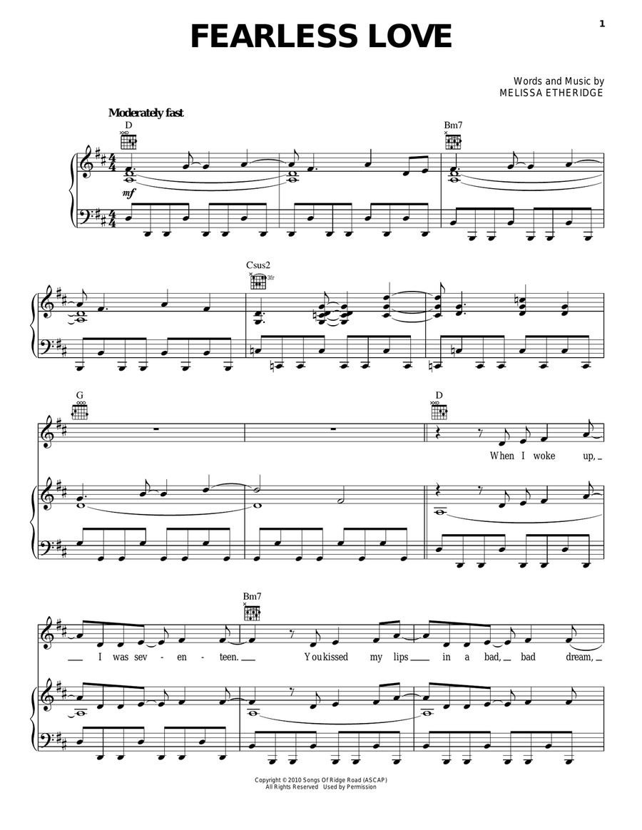 Fearless Love Piano, Vocal, Guitar scores gallery preview page 1