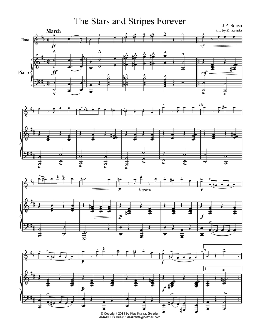Stars and Stripes Forever! for flute (piccolo) and piano (Advanced/D Major) Flute Duet scores gallery preview page 2