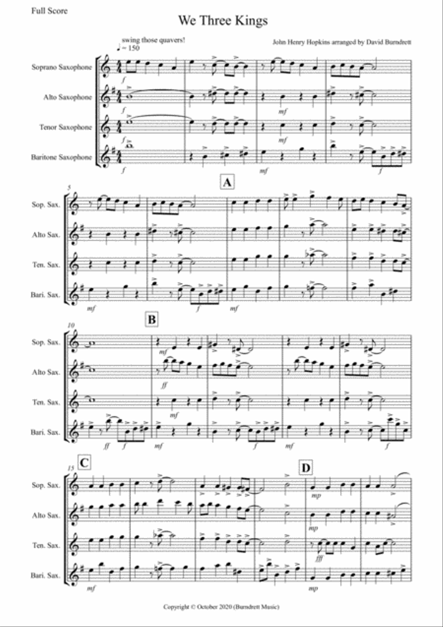 We Three Kings (Jazzy Style!) for Saxophone Quartet Saxophone Quartet scores gallery preview page 1