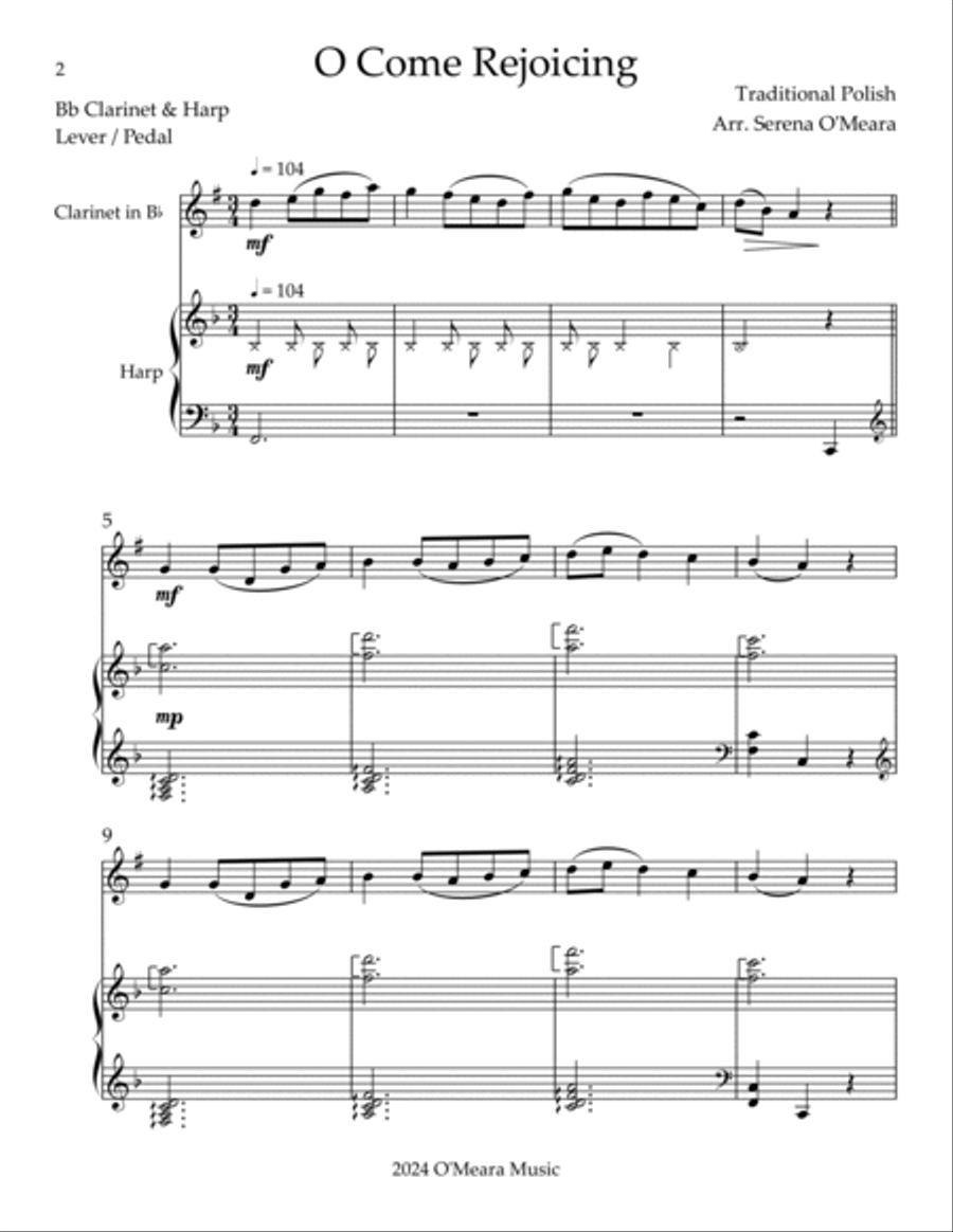 O Come Rejoicing, Duet for Bb Clarinet & Harp B-Flat Clarinet scores gallery preview page 2