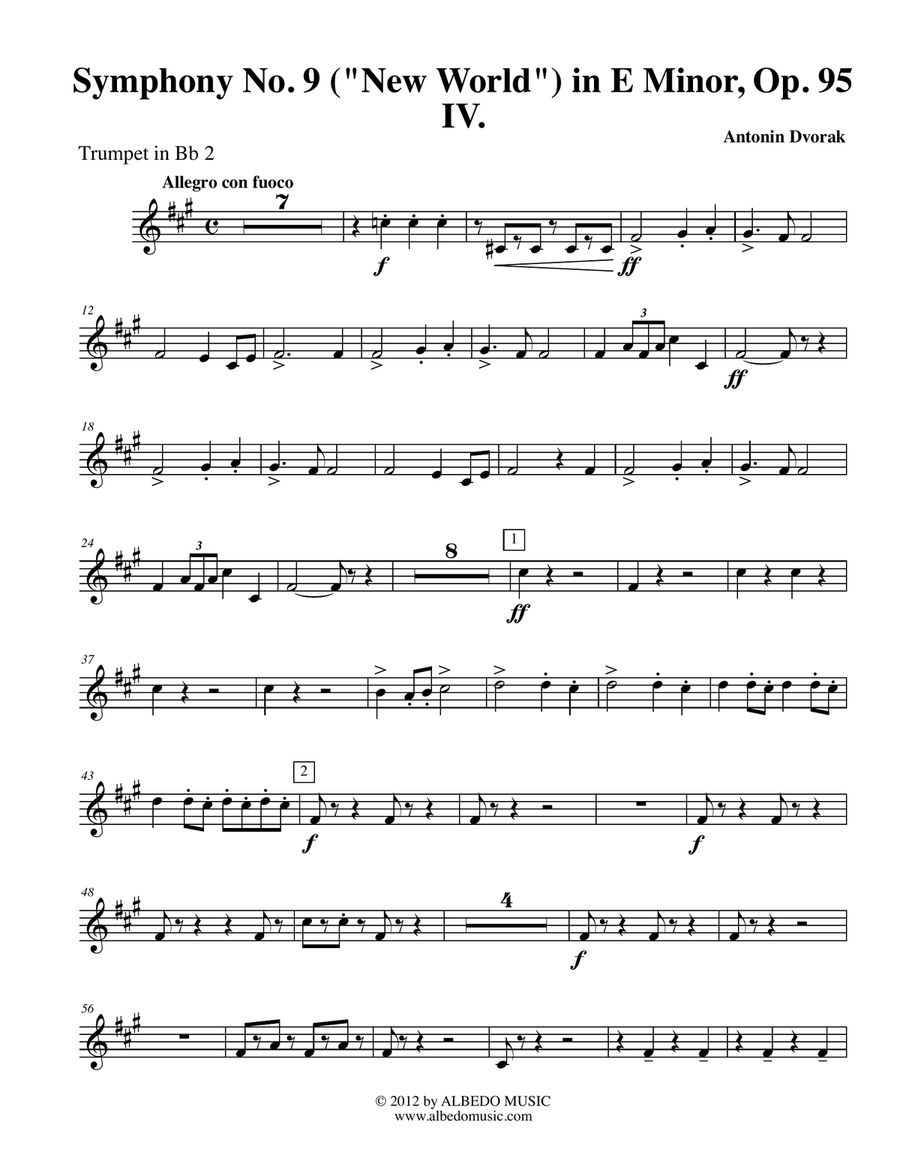 Dvorak Symphony No. 9, New World, Movement IV - Trumpet in Bb 2 (Transposed Part), Op.95 B-Flat Trumpet scores gallery preview page 1
