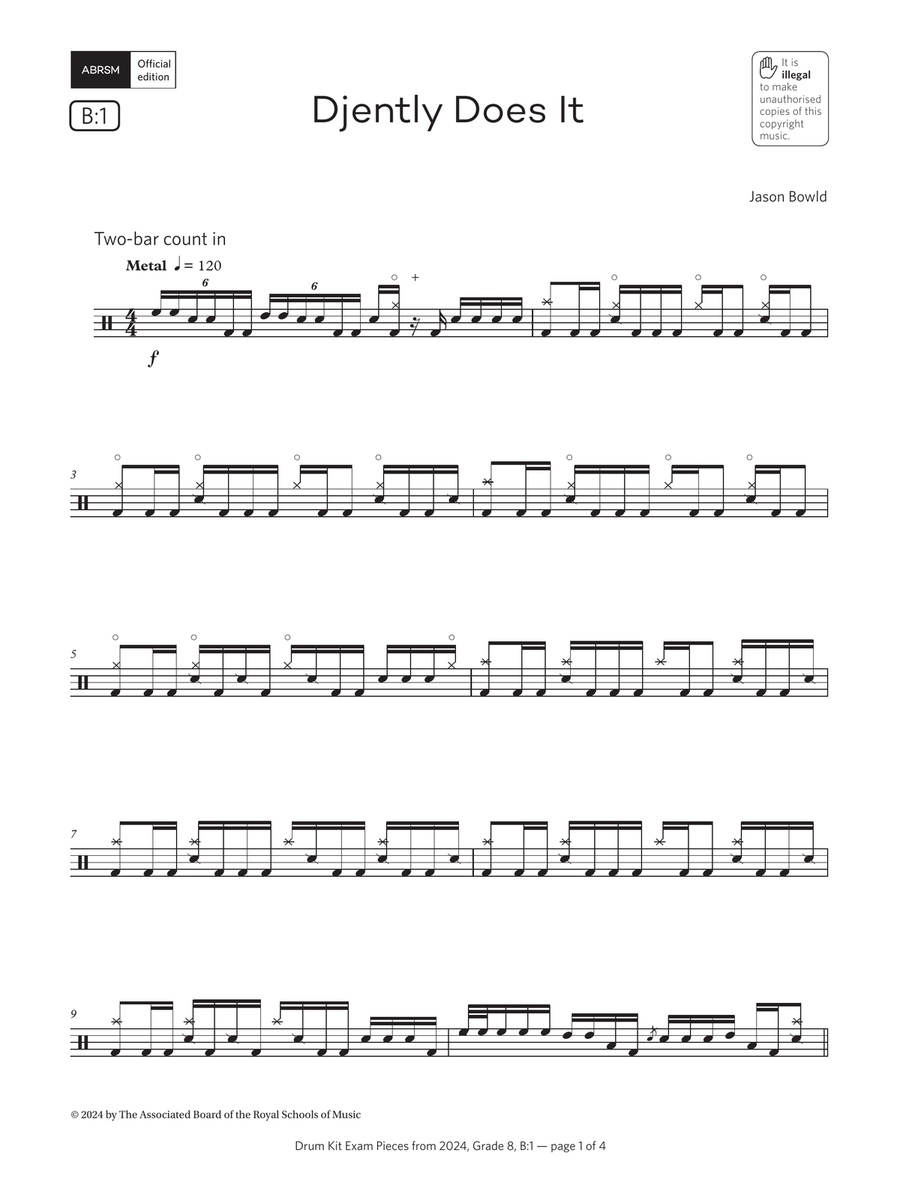 Djently Does It (Grade 8, list B1, from the ABRSM Drum Kit Syllabus 2024) Drum Set scores gallery preview page 1