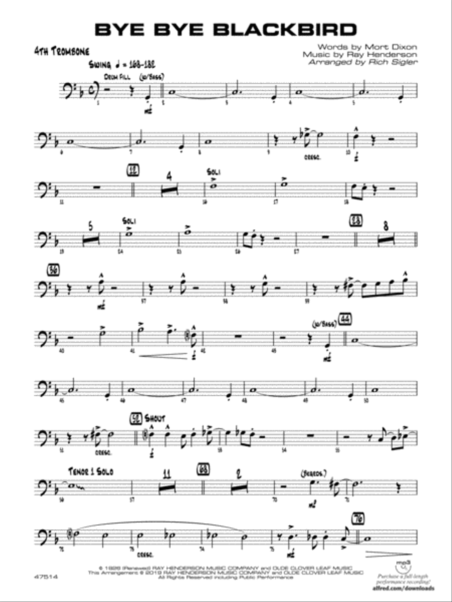 Bye Bye Blackbird: 4th Trombone Jazz Ensemble scores gallery preview page 1