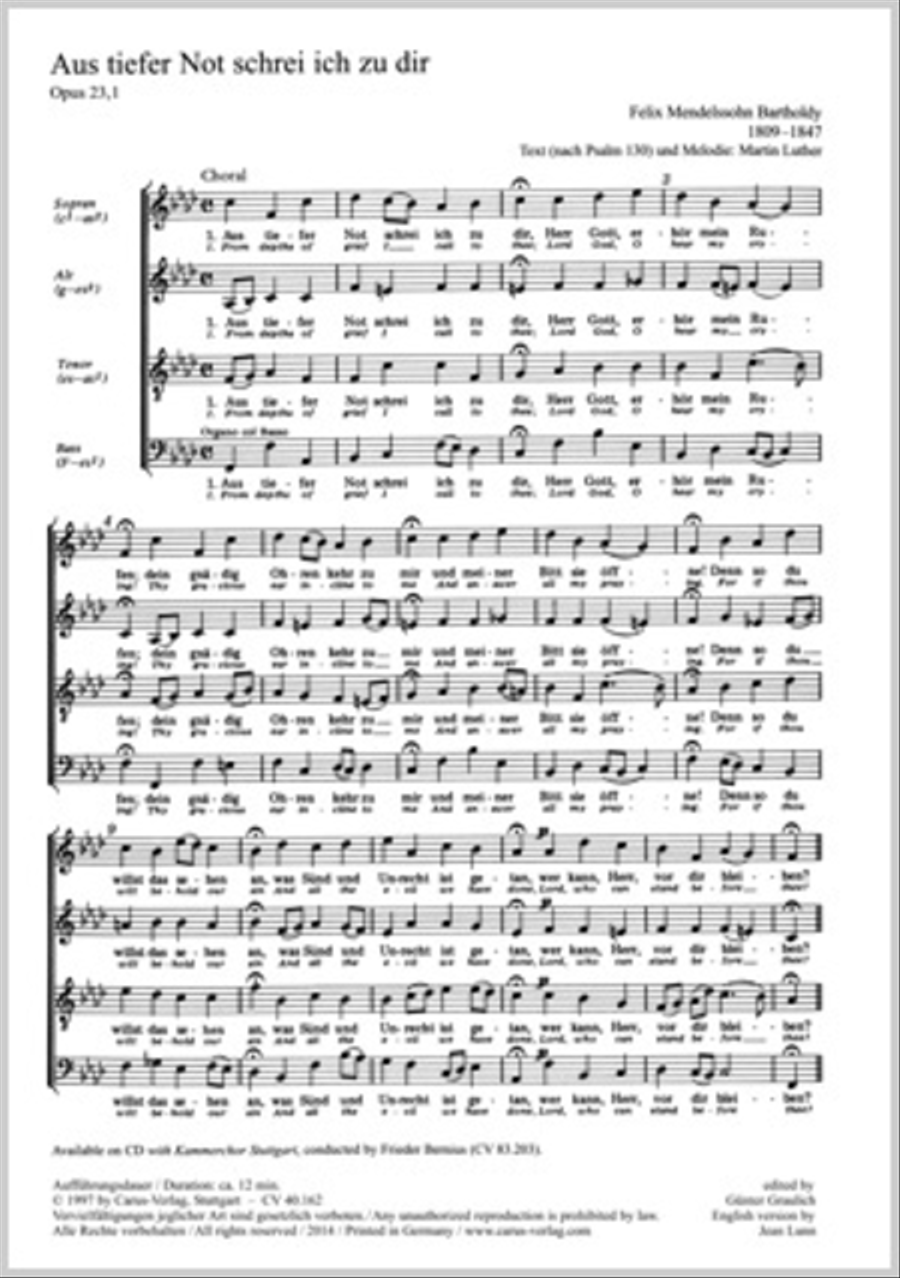 In deepest need I cry to you (Aus tiefer Not schrei ich zu dir) by Felix Bartholdy Mendelssohn ATB - Sheet Music