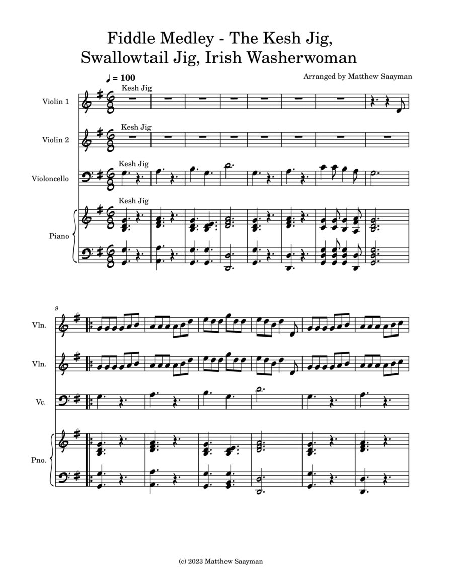 Fiddle Medley - Kesh Jig, Swallowtail Jig, Irish Washerwoman Piano Trio scores gallery preview page 1