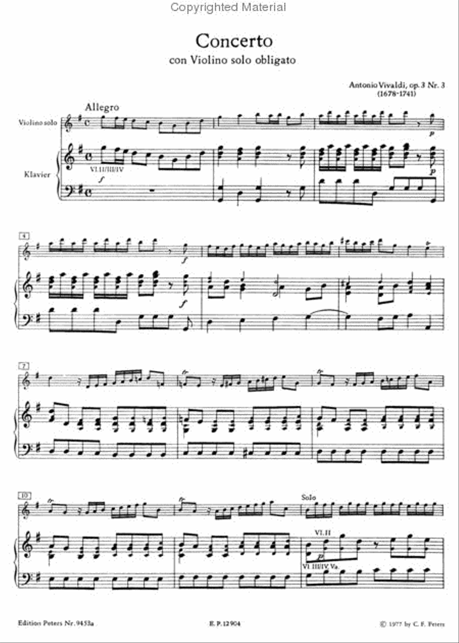 Violin Concerto in G Op. 3 No. 3 (RV 310) (Edition for Violin and Piano)