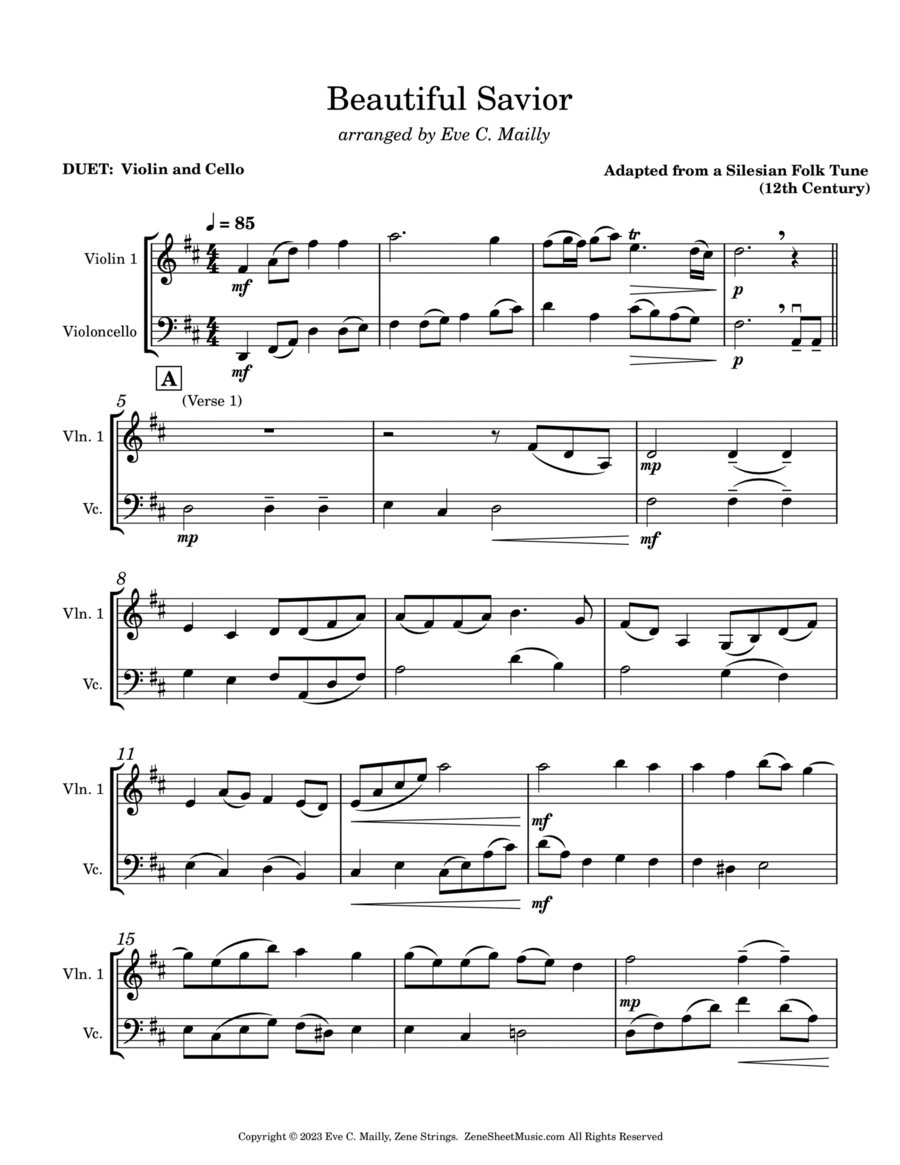 Beautiful Savior (Fairest Lord Jesus) - Violin & Cello Duet String Duet scores gallery preview page 1