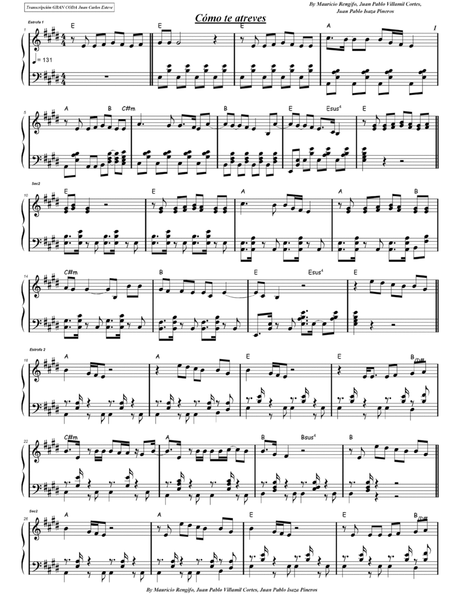 Como Te Atreves Easy Piano scores gallery preview page 1