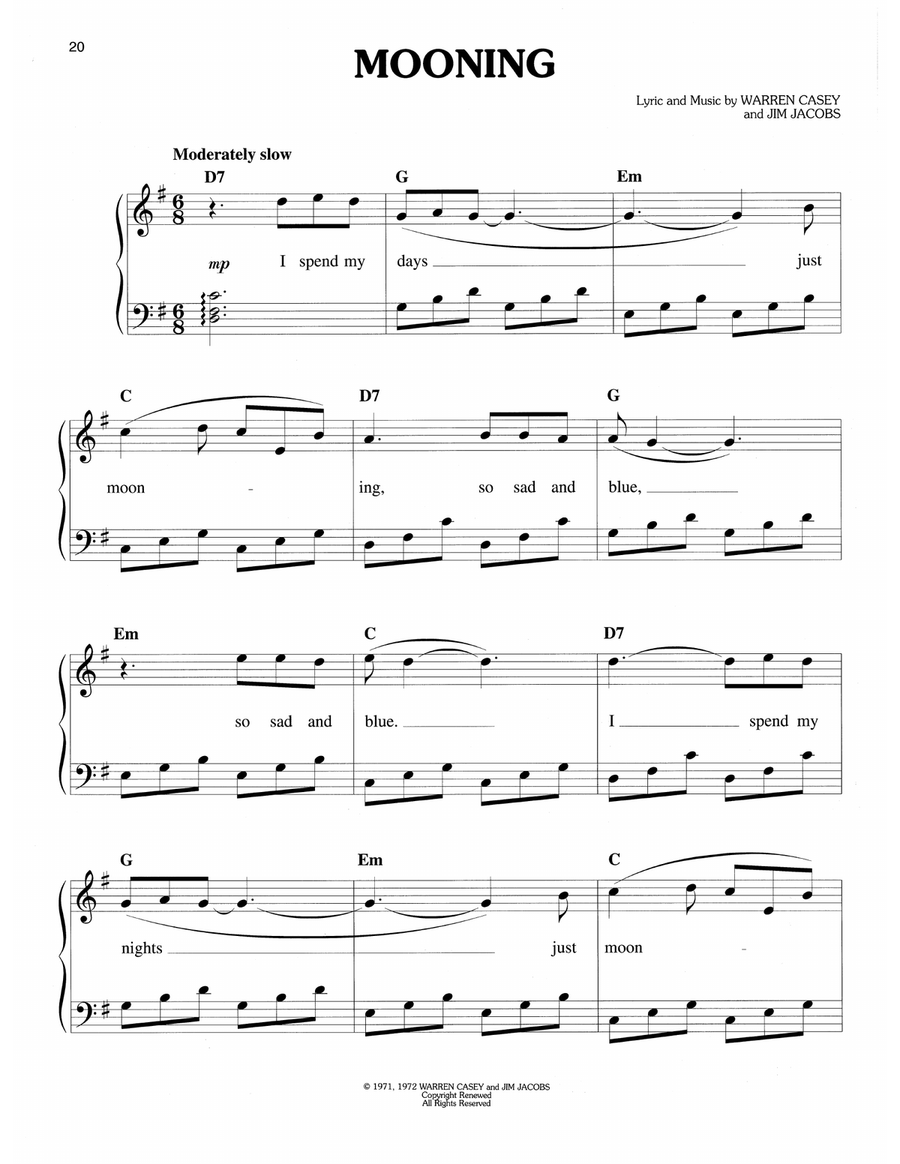 Mooning (from Grease) Easy Piano scores gallery preview page 1