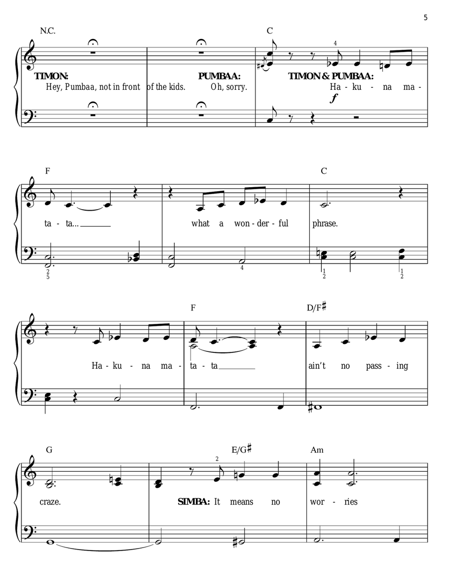 Hakuna Matata (from The Lion King) Easy Piano scores gallery preview page 5