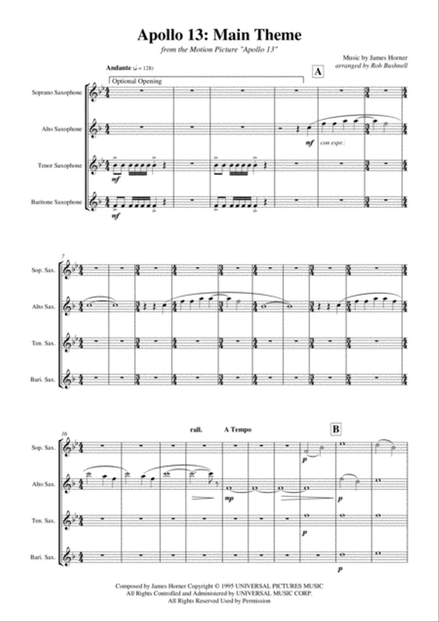 Main Title - Apollo 13 Saxophone Quartet scores gallery preview page 3