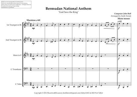 Bermudan National & Local Anthem (Hail to Bermuda) for Brass Quintet image number null