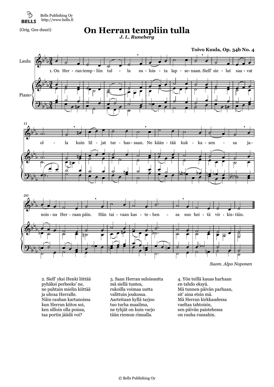 On Herran templiin tulla Op. 34b No. 4 (E-flat Major)