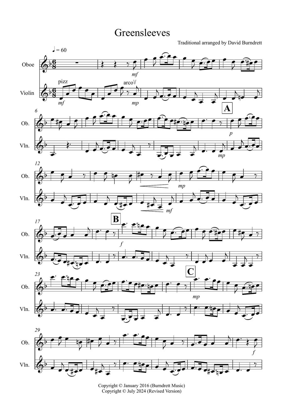 Greensleeves for Oboe and Violin Duet Oboe scores gallery preview page 1