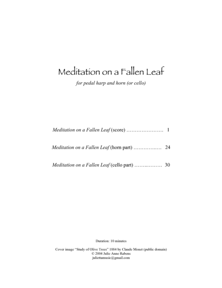 Meditation on a Fallen Leaf: for pedal harp and horn in F or cello image number null