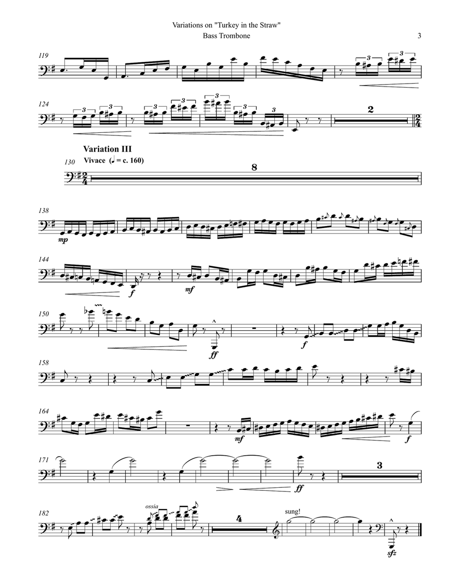 Variations on Turkey in the Straw for Bass Trombone & Piano Trombone scores gallery preview page 3
