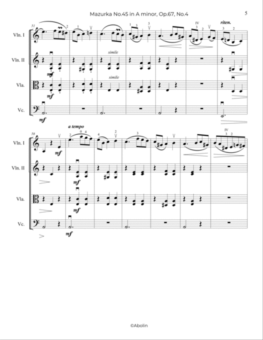 Chopin: Mazurka No.45, Op.67, No.4 - String Quartet String Quartet scores gallery preview page 6