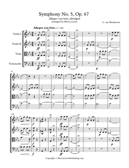 SYMPHONY NO. 5 OP. 67, BEETHOVEN - ALLEGRO CON BRIO, String Quartet, Abridged, Intermediate Level fo image number null