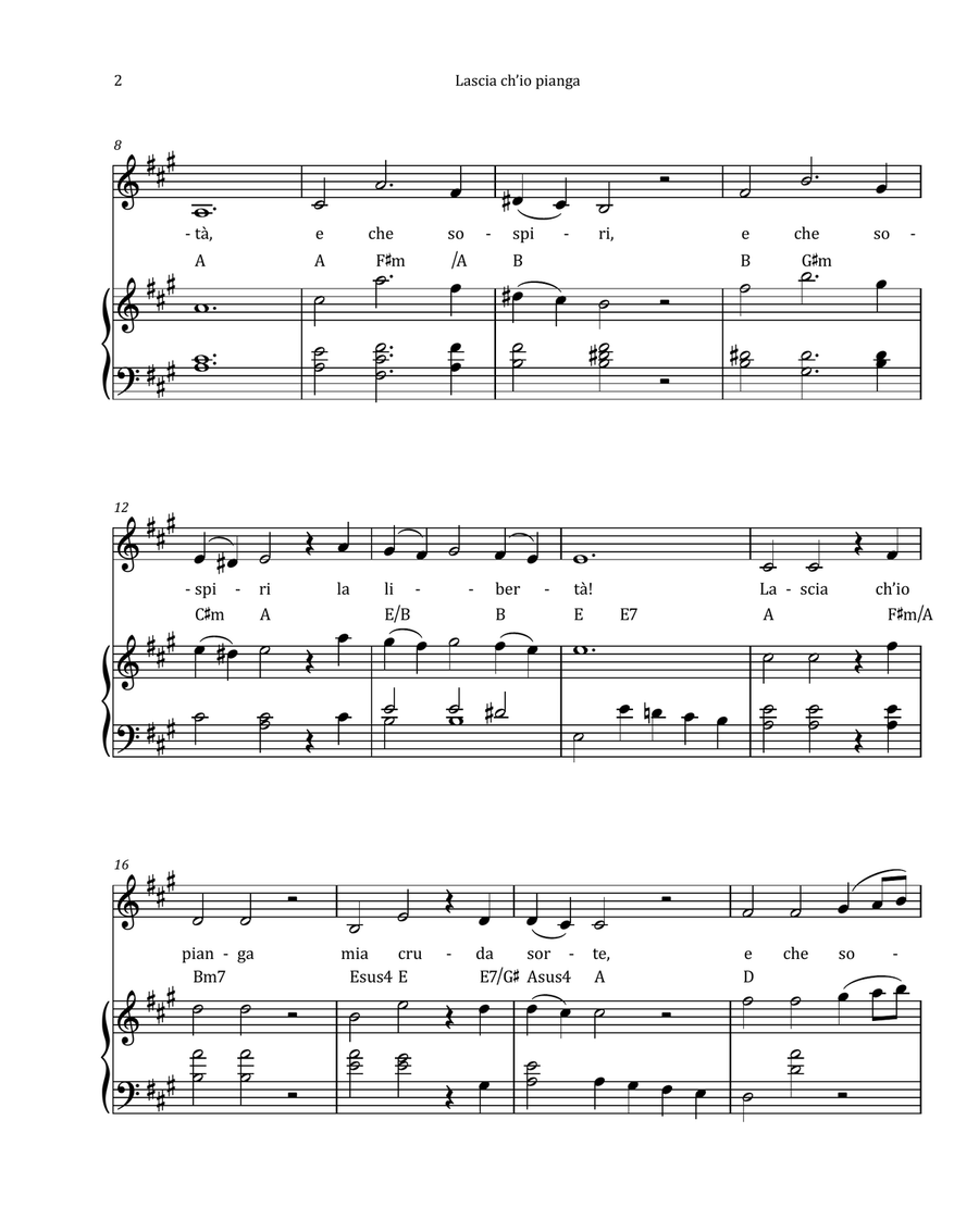 Lascia Ch'io Pianga by Händel - Contralto & Piano in A Major with Chord Notation Chamber Music scores gallery preview page 2