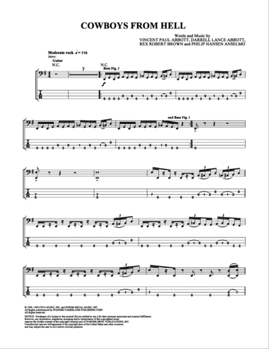 Cowboys from Hell Bass Guitar Tablature scores gallery preview page 1