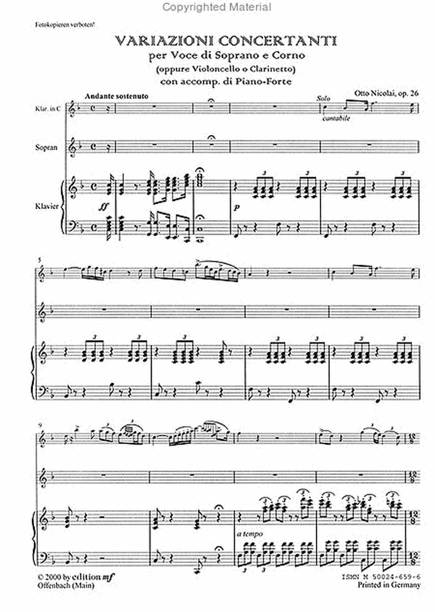 Variazioni concertanti per Soprano, Corno e Pianoforte oppure Violoncello o clarinnetto op. 26 (su moltivi favoriti dell'opera: La Sonnambula di Bellini)
