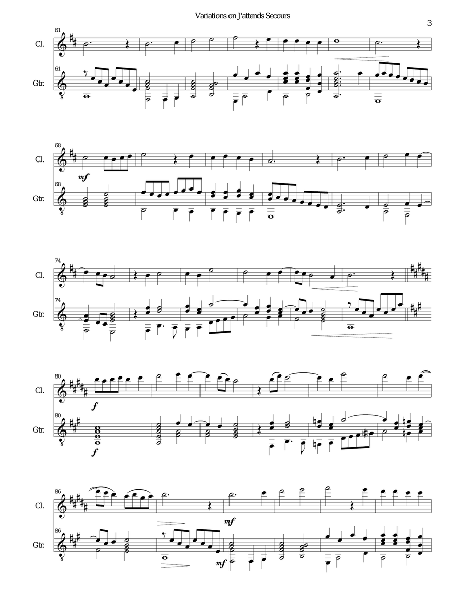 Variations on J'attends secours for clarinet and guitar Clarinet scores gallery preview page 3