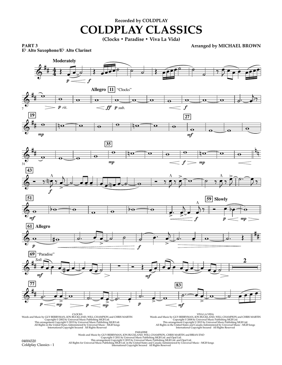 Coldplay Classics - Pt.3 - Eb Alto Sax/Alto Clar.