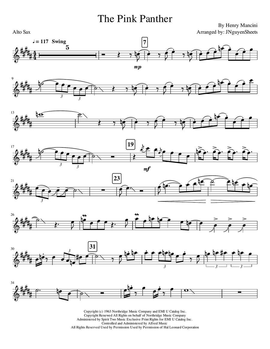The Pink Panther from THE PINK PANTHER Alto Saxophone scores gallery preview page 1
