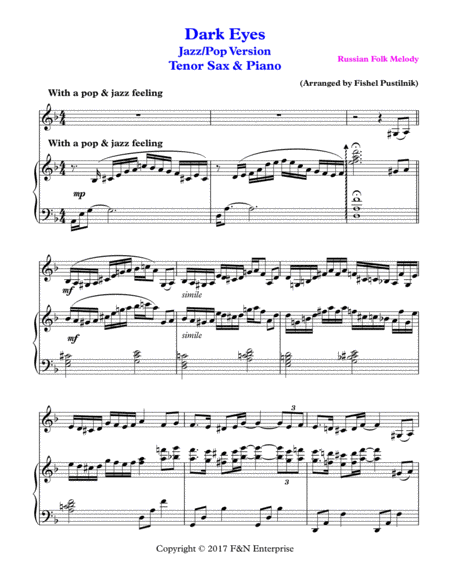 "Dark Eyes" ("Очи Чёрные")-Piano Background for Tenor Sax and Piano (Jazz/Pop Version) image number null