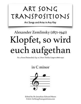 Book cover for ZEMLINSKY: Klopfet, so wird euch aufgethan, Op. 10 no. 5 (transposed to C minor)