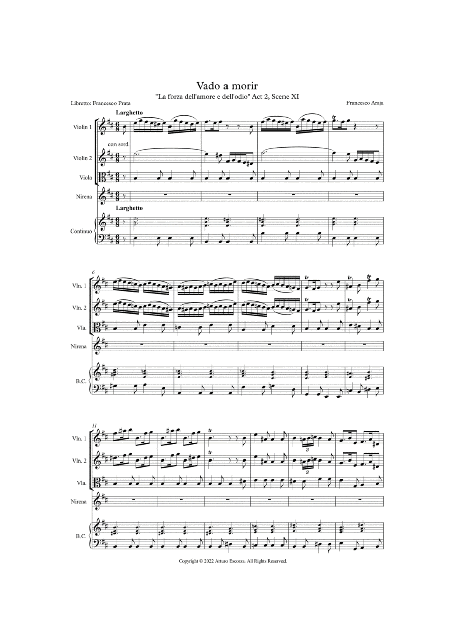 Book cover for "Vado a morir" from "La forza dell'amore e dell'odio" - Francesco Araja - Score Only