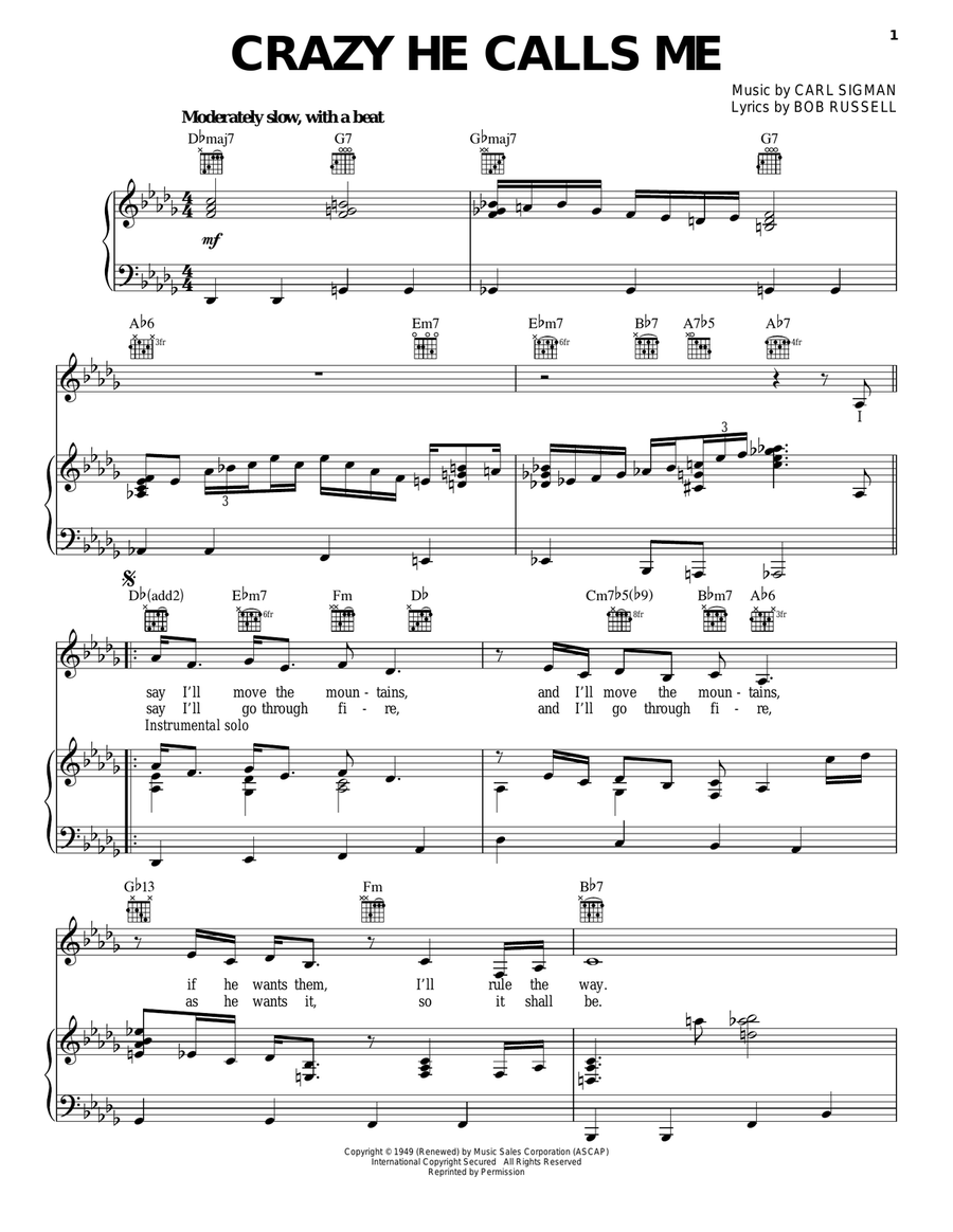 Crazy She Calls Me Piano, Vocal, Guitar scores gallery preview page 1