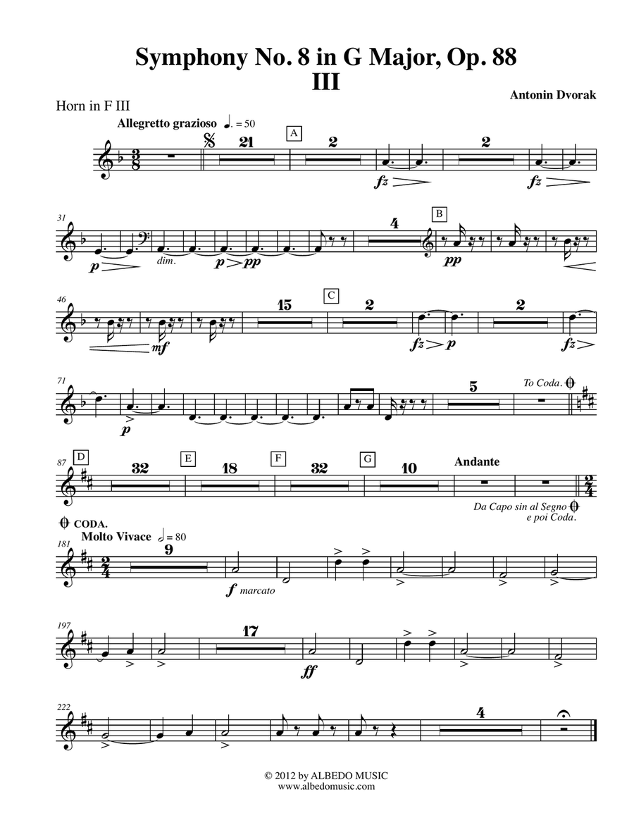 Dvorak Symphony No. 8, Movement III - Horn in F 3 (Transposed Part), Op. 88