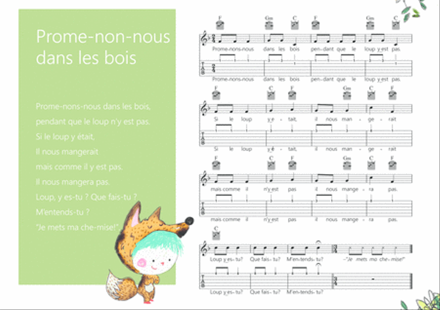Promenons-nous dans les bois French popular tarditional song for kids Melody + Guitar chords + Guita Easy Guitar scores gallery preview page 1