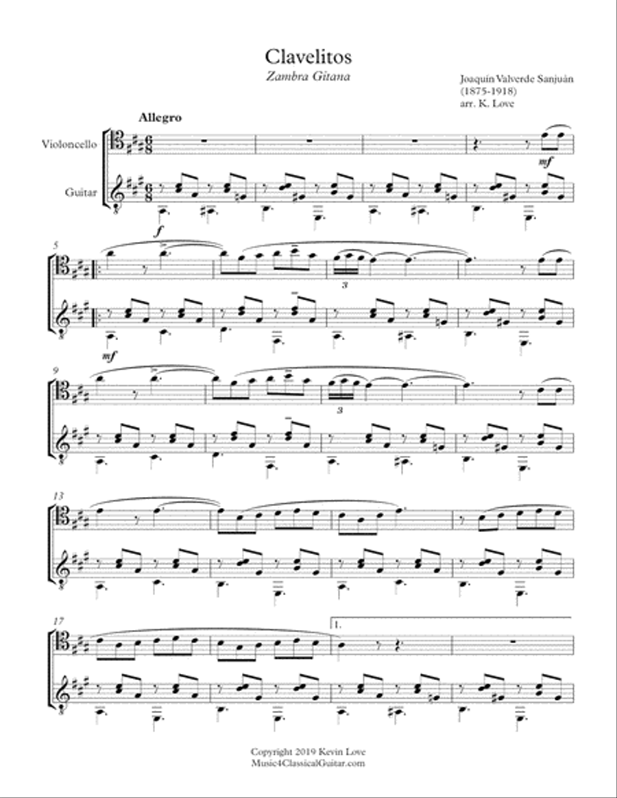 Clavelitos (Cello and Guitar) - Score and Parts Cello scores gallery preview page 1