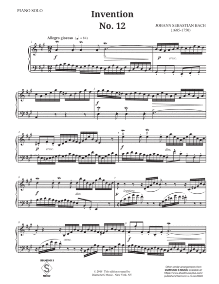2-Part Invention No. 12 in A major by J.S. BACH, BWV 783 for Solo Piano image number null
