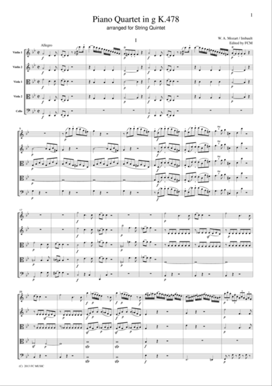 Mozart Piano Quartet in g K.478 (arranged for String Quintet around 1800), for string quintet, CM09 Piano Quartet scores gallery preview page 1