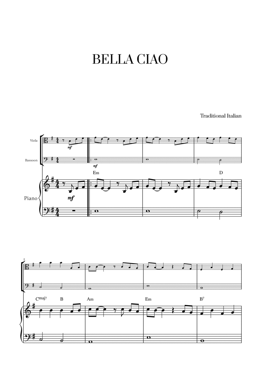 Bella Ciao with chords for Viola, Bassoon and Piano Bassoon scores gallery preview page 1