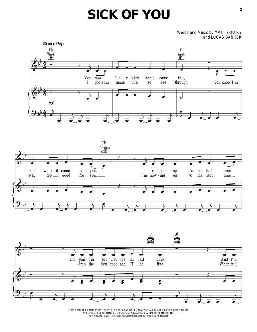 Sick Of You Sick Of You Piano, Vocal, Guitar scores gallery preview page 1