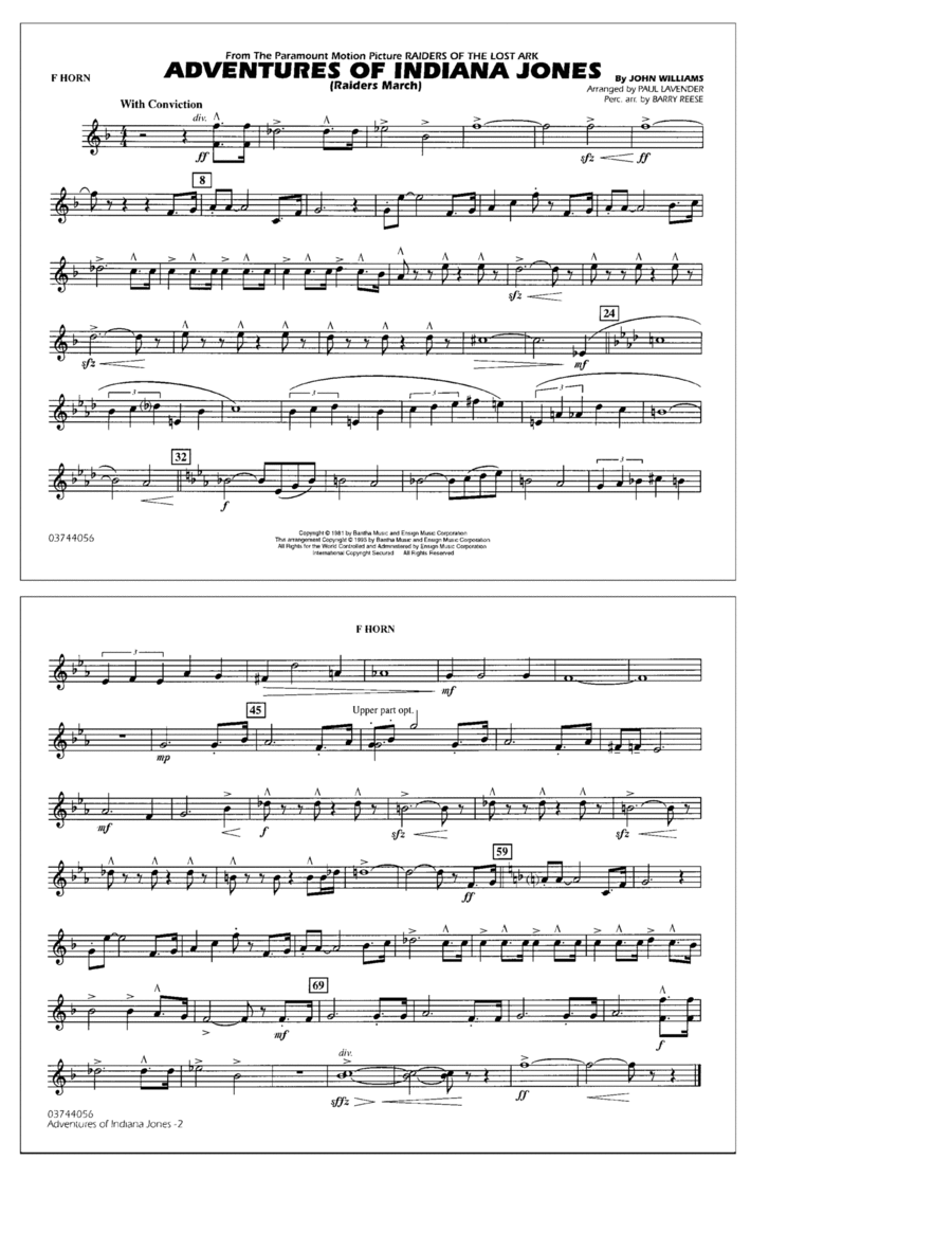Adventures Of Indiana Jones (Raiders March) (arr. Paul Lavender) - F Horn Marching Band scores gallery preview page 1