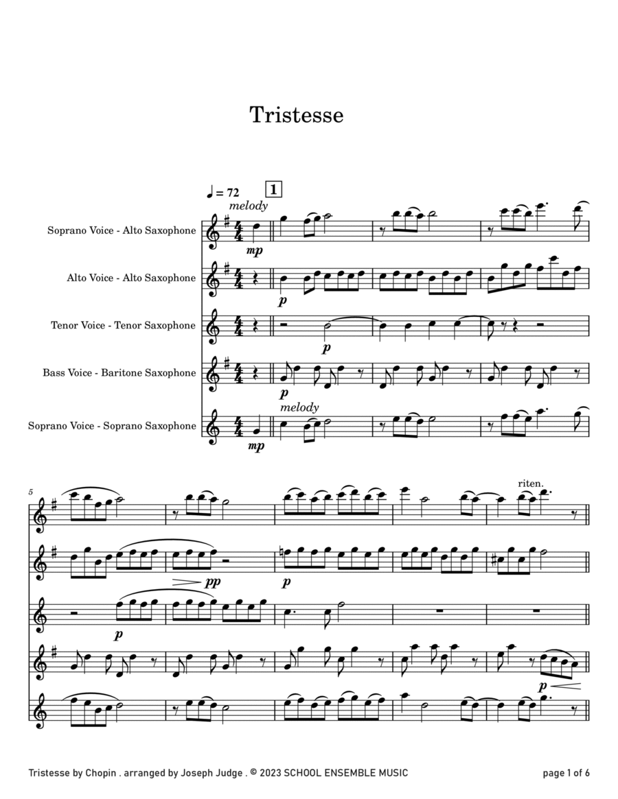Tristesse by Chopin for Saxophone Quartet in Schools Saxophone Quartet scores gallery preview page 1