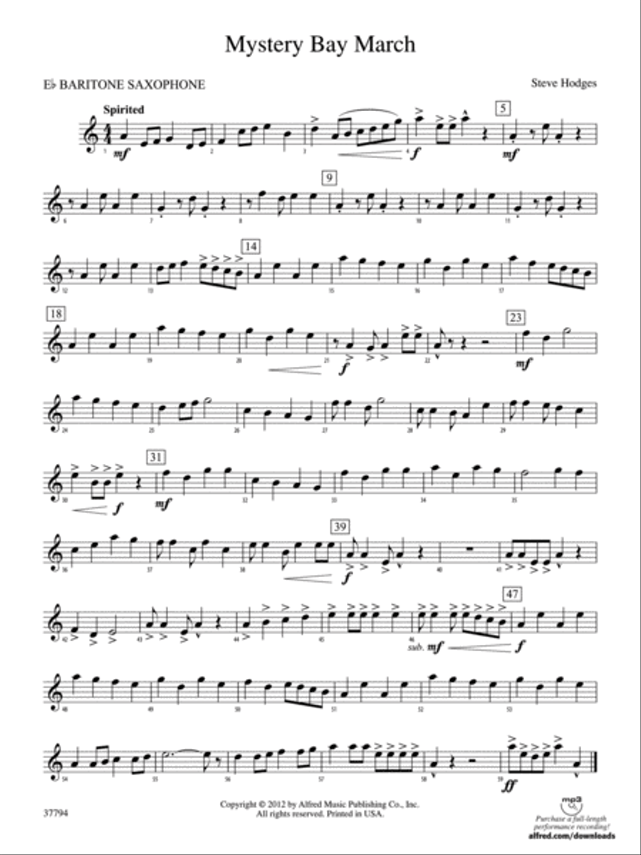 Mystery Bay March: E-flat Baritone Saxophone Concert Band scores gallery preview page 1