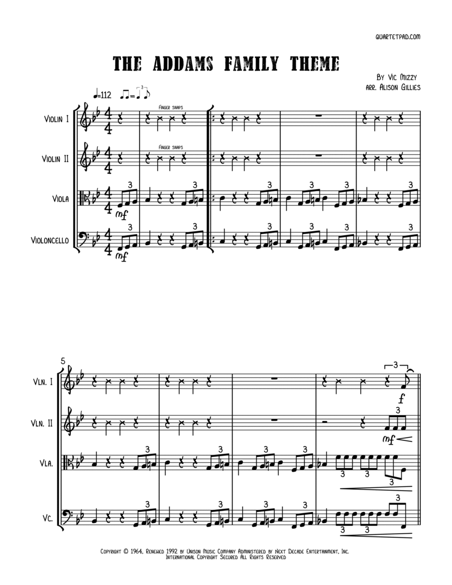 Addams Family Theme String Quartet scores gallery preview page 1