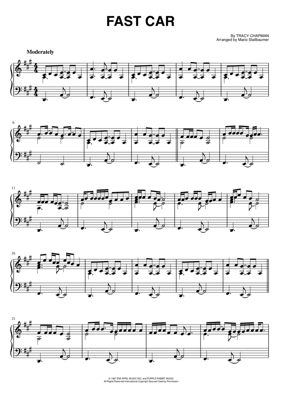 Fast Car Piano Solo scores gallery preview page 1
