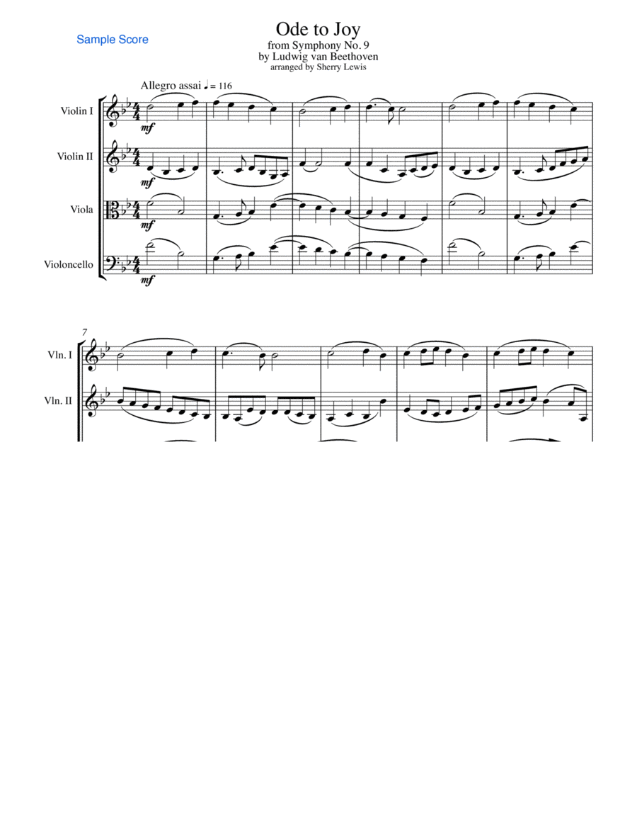 ODE TO JOY, Beethoven, String Quartet, Intermediate Level for 2 violins, viola and cello image number null
