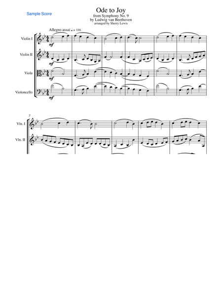 ODE TO JOY, Beethoven, String Quartet, Intermediate Level for 2 violins, viola and cello image number null